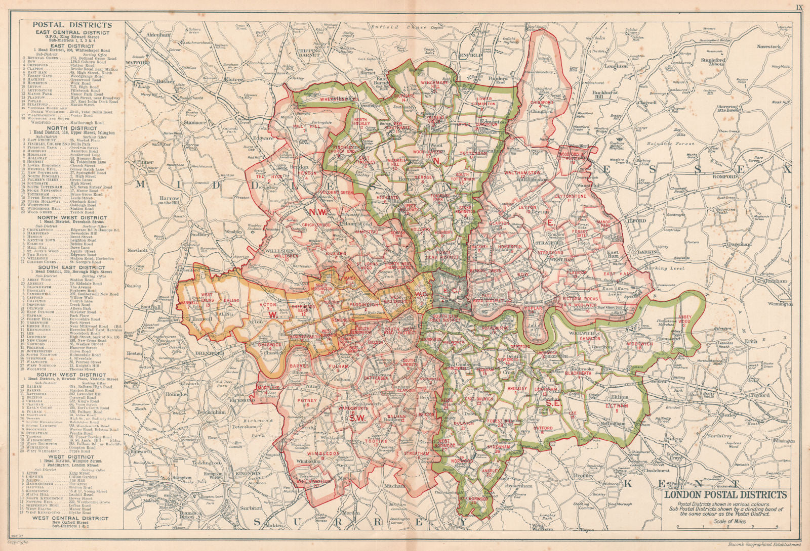 LONDON POSTAL DISTRICTS. Post code areas. N NW W SW SE E. BACON 1927 old map